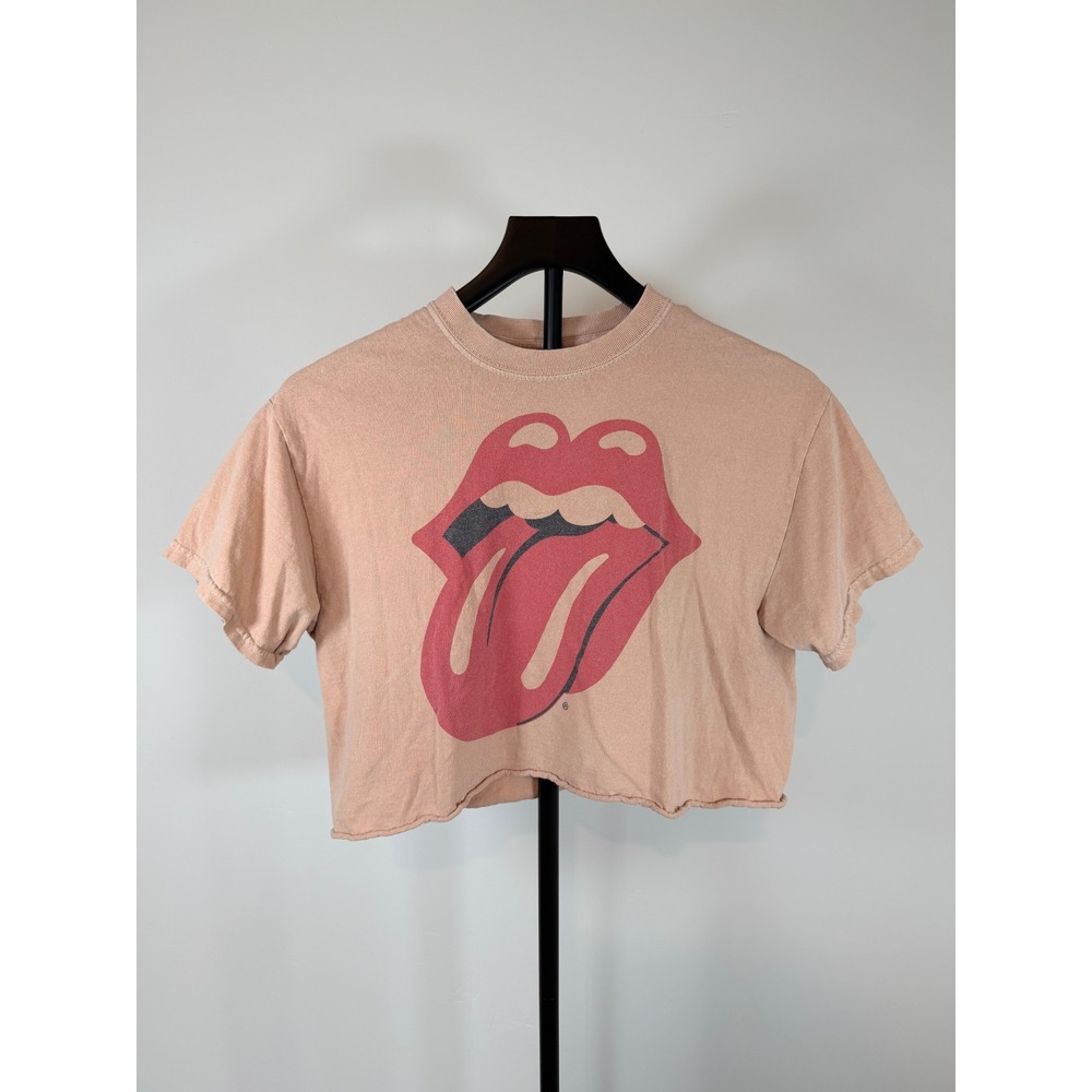 Rolling Stones Graphic Crop Top Peach Pink Tongue Logo Raw Hem Tee Womens Small